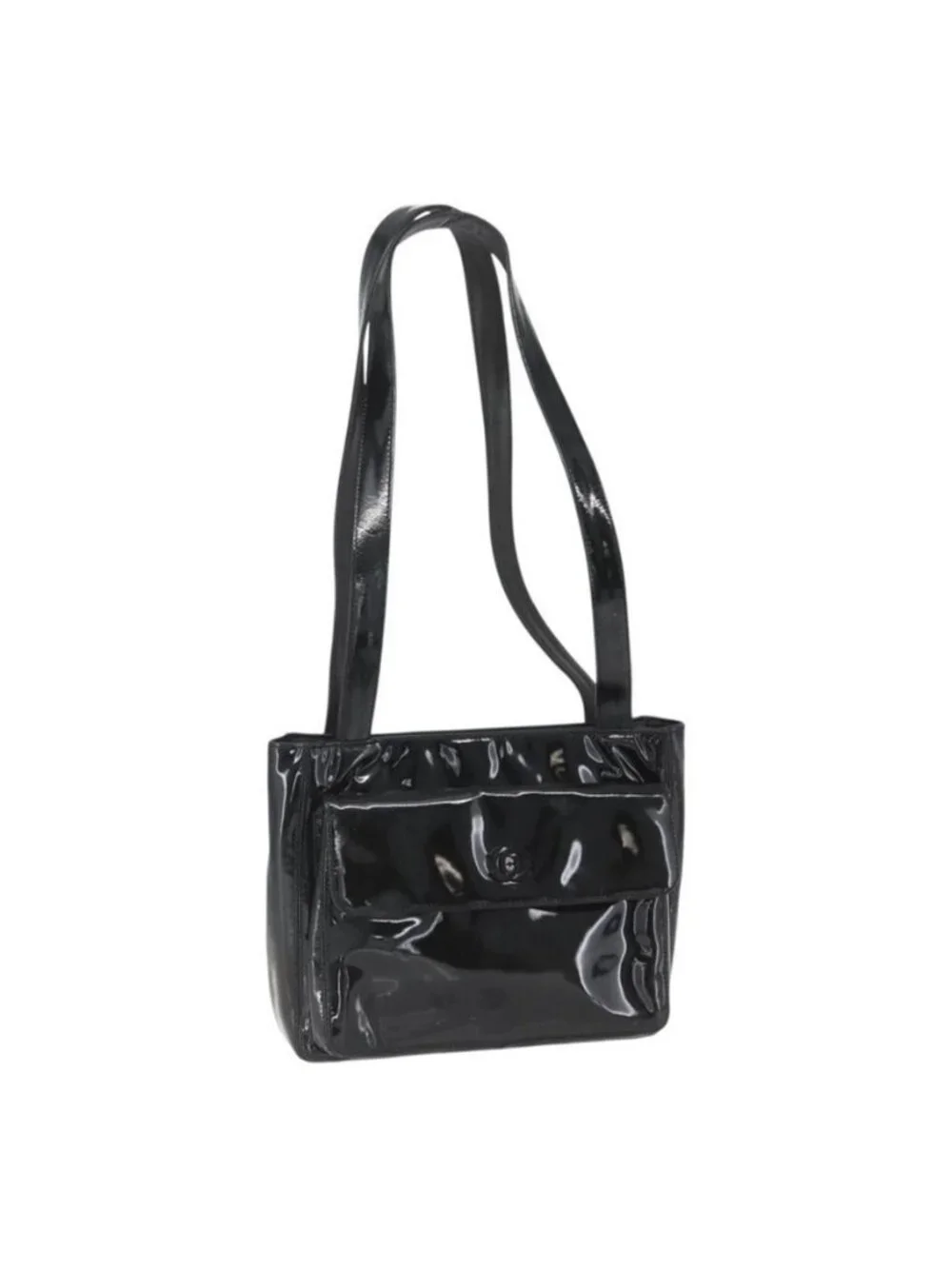 Authentic CHANEL COCO Mark Shoulder Bag Patent leather Black Silver CC
